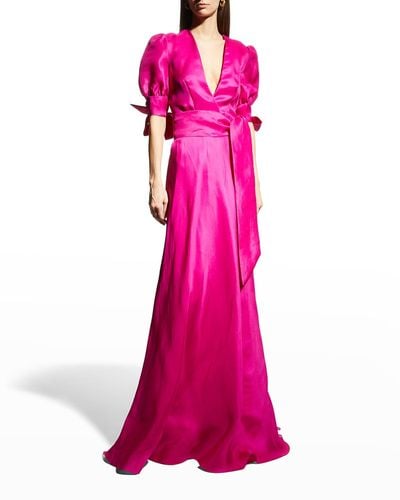 Naeem Khan Puff-sleeve Bow Silk Gazar Gown - Pink