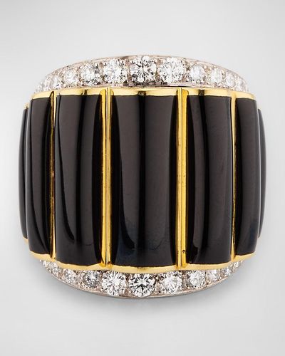 David Webb 18K And Platinum Scallop Ring With Enamel And Diamonds - Black