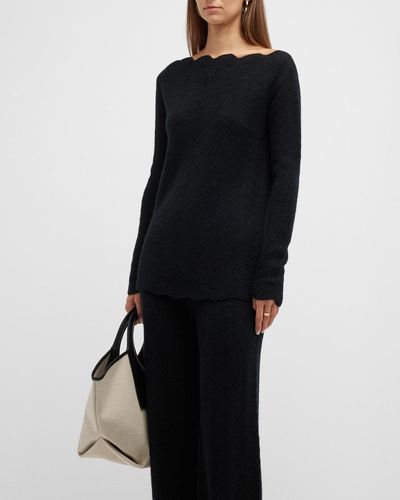 TSE Open-knit Lace Scalloped Cashmere Sweater - Black