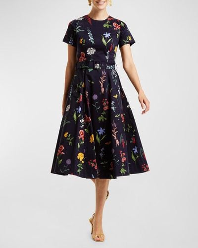 mestiza Short-Sleeved Belted Floral Stretch Cotton Midi Dress - Blue