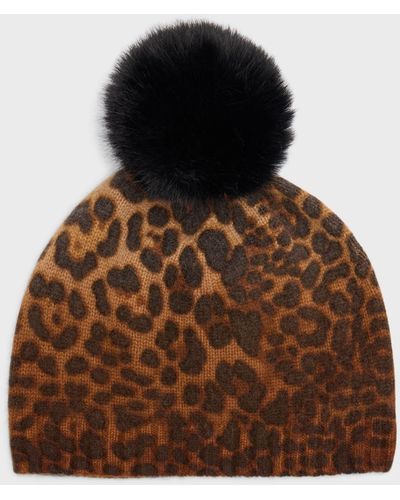 Sofiacashmere Leopard Print Cashmere & Faux Fur Pom Beanie - Brown