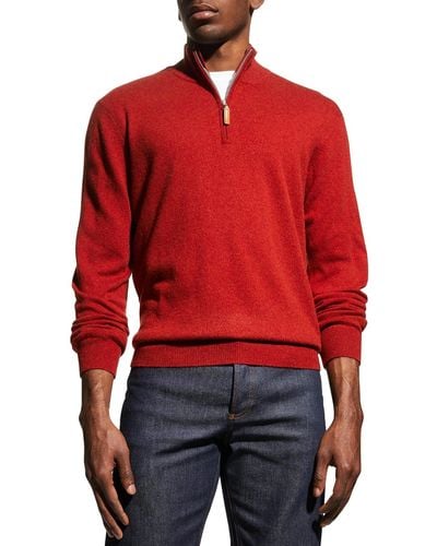 Neiman Marcus Wool-cashmere 1/4-zip Sweater - Red