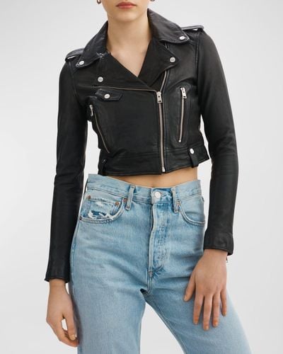 Lamarque Ciara Leather Cropped Biker Jacket - Black