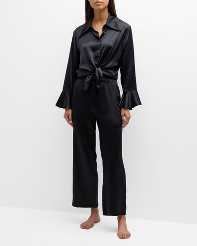 Neiman Marcus Ruffle Long-Sleeve Silk Pajama Set - Black