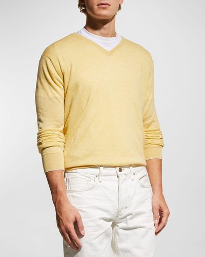 Neiman Marcus Extra Lightweight Wool-Cashmere V-Neck Sweater - Yellow