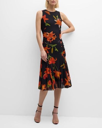 Fuzzi Sleeveless Ruched Floral-Print Tulle Midi Dress - Red