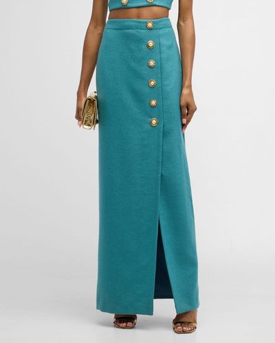 St. John Button-front Slit-hem Textured Italian Wool Gown Skirt - Green