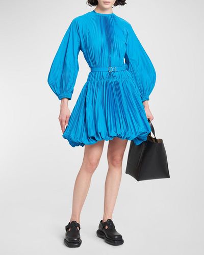Jil Sander Pleated Blouson-sleeve Balloon Mini Dress With Belt - Blue