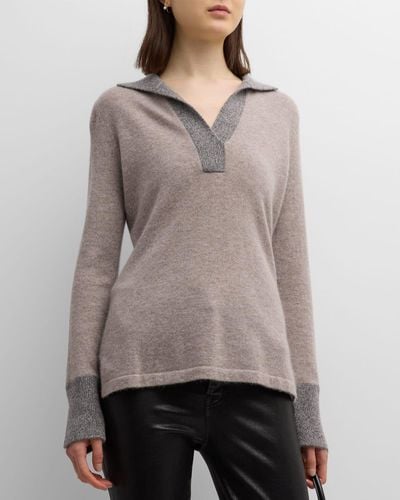 Neiman Marcus Cashmere Marled Polo Sweater - Gray