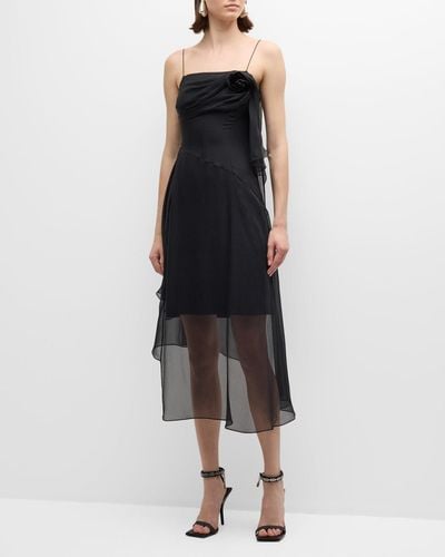 Givenchy High-Low Mesh Midi Dress With Flower Detail - Black