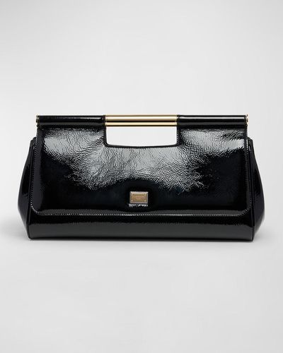 Dolce & Gabbana Sicily Medium Metal Bar Patent Leather Clutch Bag - Black