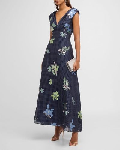 Lela Rose V-Neck Metallic Floral Gingham Jacquard Midi Dress - Blue