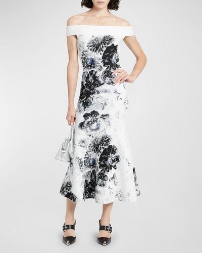 Alexander McQueen Off-shoulder Floral Jacquard Midi Dress - White