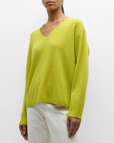 Eileen Fisher Ribbed V-neck Cashmere Sweater - Yellow