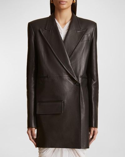 Khaite Jacobson Textured Leather Double-Breasted Blazer Jacket - Black