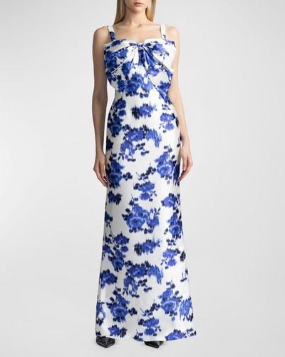 Zac Posen Sleeveless Floral-Print Bow-Front Mikado Gown - Blue