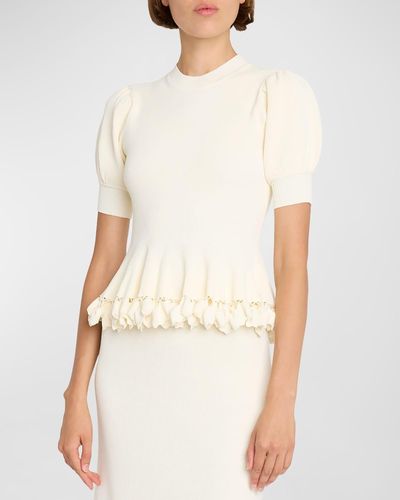Ulla Johnson Esma Short-Sleeve Embellished Peplum Sweater - White