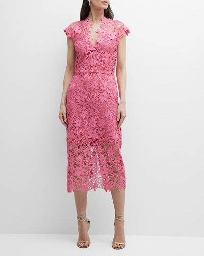 Monique Lhuillier Semi-Sheer Lace Midi Dress - Pink
