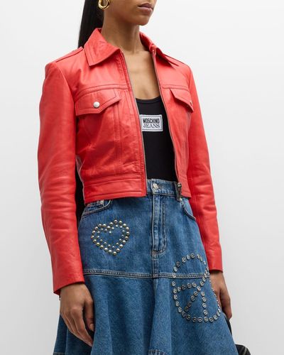 Moschino Jeans Cropped Faux Leather Jacket - Red