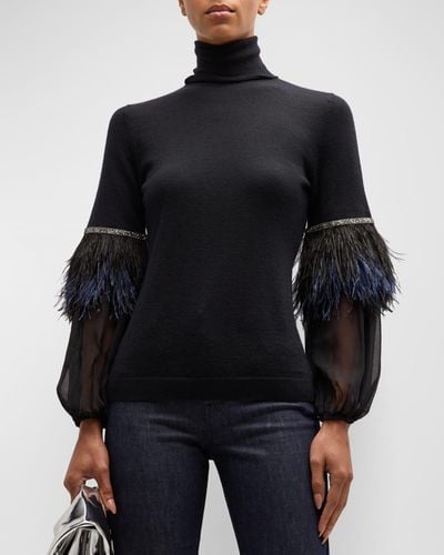 Neiman Marcus Superfine Cashmere Sweater With Chiffon Feather Sleeves - Black