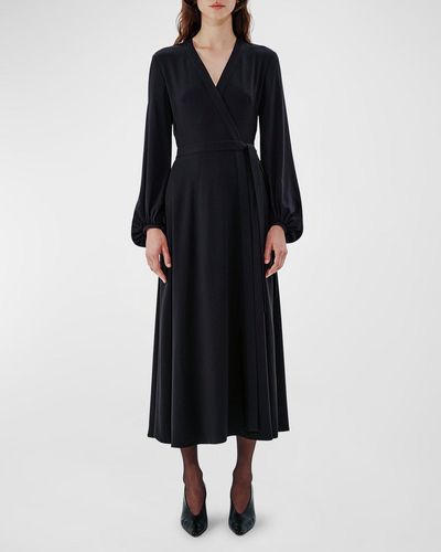 Another Tomorrow Lantern-Sleeve Maxi Wrap Dress - Black