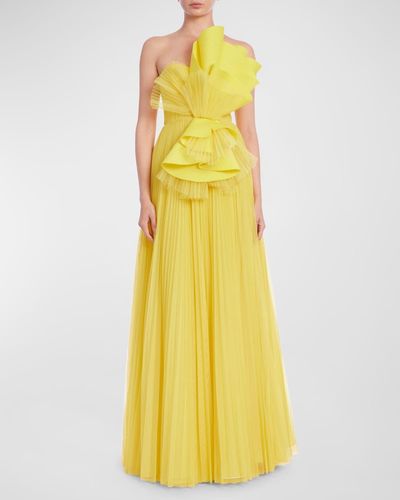 Badgley Mischka Strapless Pleated Ruffle A-Line Gown - Yellow