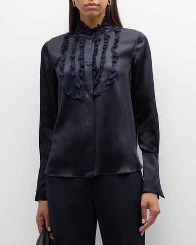 Twp Marie Ruffled Silk Button-Front Top - Blue