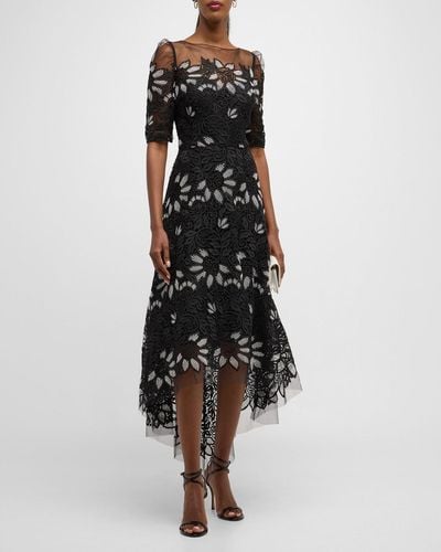 Teri Jon High-Low Floral Lace Midi Dress - Black