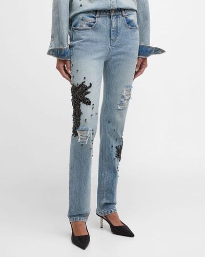 Hellessy Clay Mid-Rise Crystal-Embellished Distressed Slim-Leg Jeans - Blue