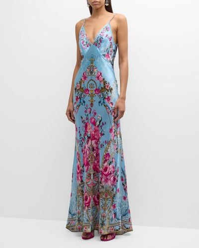 Camilla V-Neck Long Bias Silk Slip Dress With Train - Blue