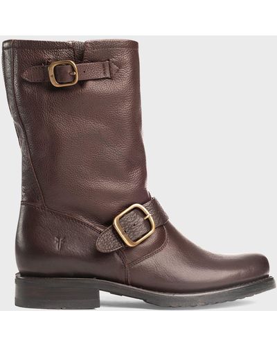 Frye Veronica Leather Buckle Short Moto Boots - Brown