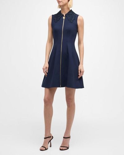 Oscar de la Renta Embroidered Fern-Collar Sleeveless Zip-Front Mini Dress - Blue