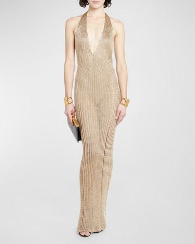 Tom Ford Metallic Knit Plunging Halter Backless Gown - Natural