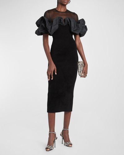 Alexander McQueen Velvet And Mesh Midi Dress With Ruffle Detail - Black