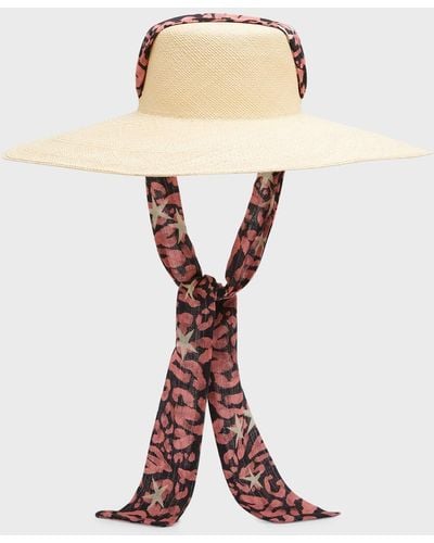 Sensi Studio Cordovan Extra-long Brim Hat With Leopard-print Ribbon - White