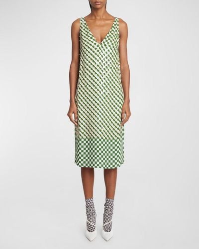 Dries Van Noten Debbie Plunging Sequin Checker-print Sleeveless Midi Dress - Green