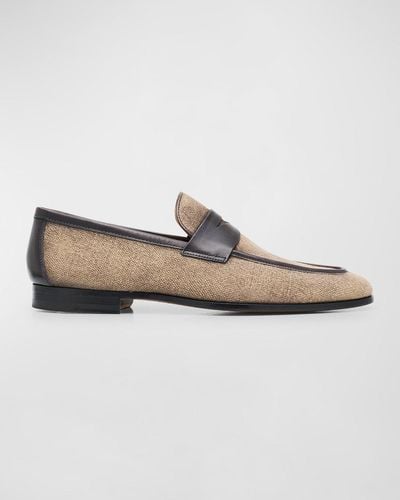 Magnanni Wyland Linen And Leather Penny Loafers - White