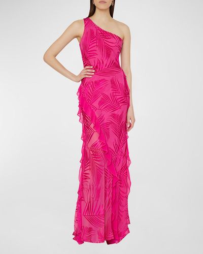 MILLY Ryanna One-Shoulder Ruffle Chiffon Devore Gown - Pink