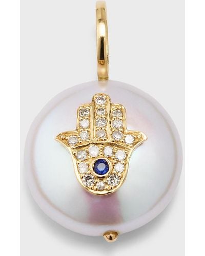 Kastel Jewelry Hamsa Freshwater Pearl Pendant With Diamonds And Sapphires - White