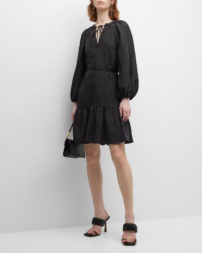 Kobi Halperin Ruby Blouson-sleeve Keyhole Linen Midi Dress - Black