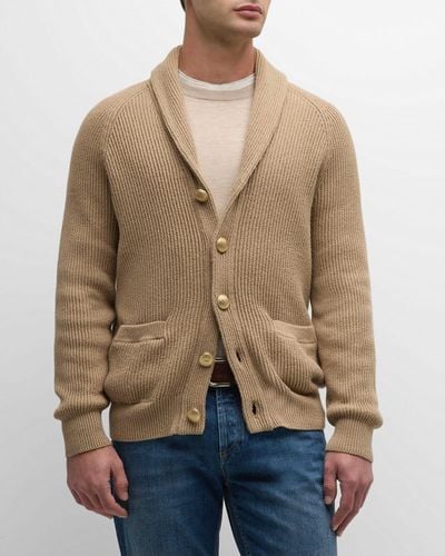 Brunello Cucinelli Cotton Ribbed Shawl Cardigan Sweater - Natural