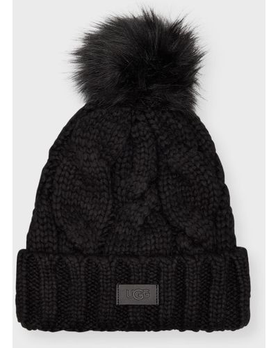 UGG Cable Knit Beanie With Faux Fur Pom - Black