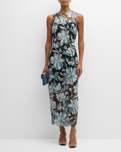 MILLY Kinsley Sleeveless Floral Sequin Maxi Dress - Blue