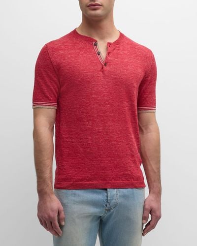 Isaia Linen-Cotton Short-Sleeve Polo Sweater - Red