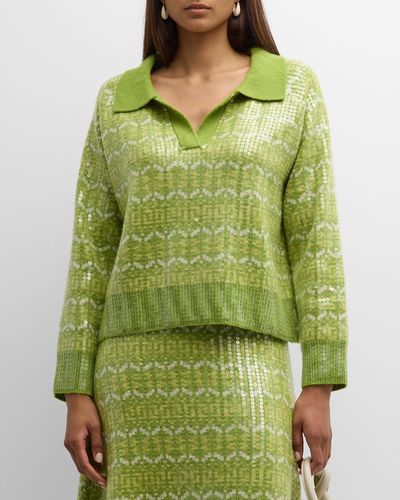 Happy Sheep Sequin Geometric Intarsia Polo Sweater - Green
