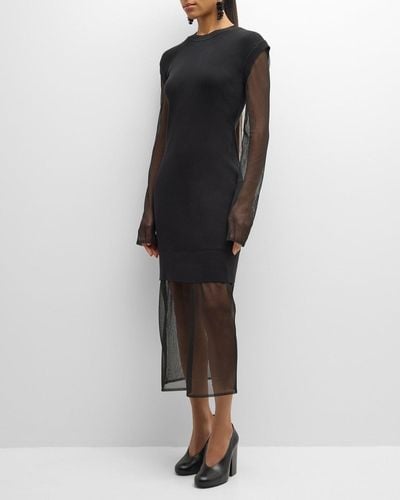 ADEAM Cassandra Rib Knit Sheer-sleeve Midi Dress - Black