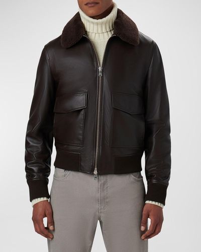 Bugatchi Shearling-collar Leather Bomber Jacket - Black