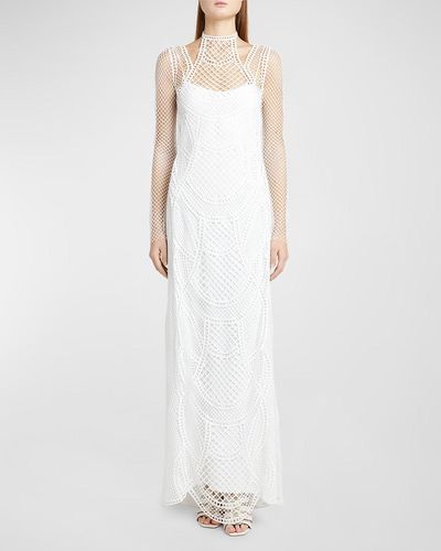 Alberta Ferretti Macrame Halter Long-Sleeve Gown - White