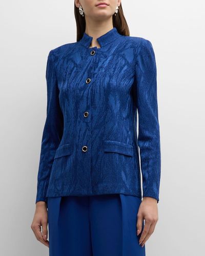 Misook Tailored Button-Down Jacquard Knit Jacket - Blue
