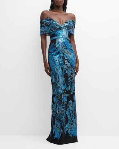 Pamella Roland Sequin Embroidered Tulle Off-The-Shoulder Column Gown - Blue